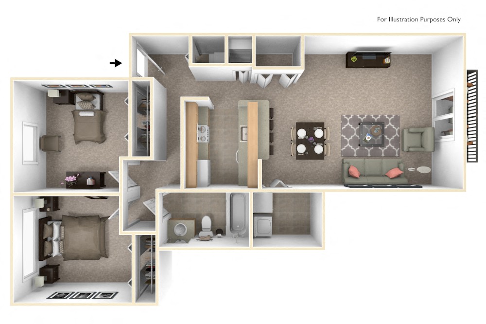 Floor plan for 2 beds, 1 bath, 925 sqft